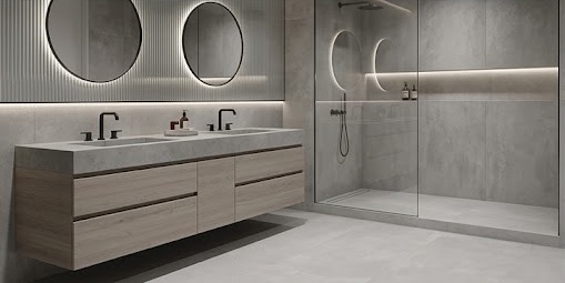 Banheiro com porcelanato cinza acetinado